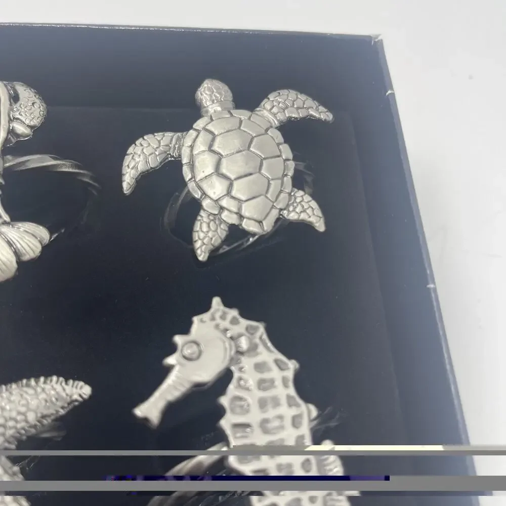Pewter Napkin Rings Lobster Turtle Starfish Seahorse Set 4 Nautical Sealife New